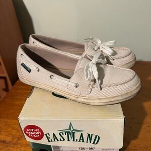 Eastland Light Beige Canvas Boat Moccasins with Bow Laces